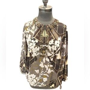 Chico's Brown Floral Beaded Neckline Sheer Top Size 3 (16)